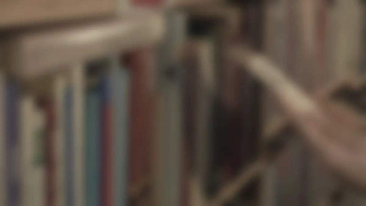 Bookshelves in a library, softly blurred