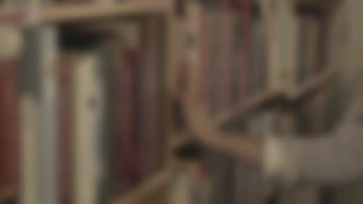 Bookshelves in a library, softly blurred