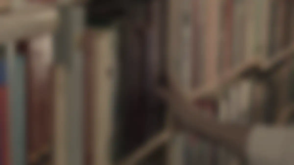 Bookshelves in a library, softly blurred