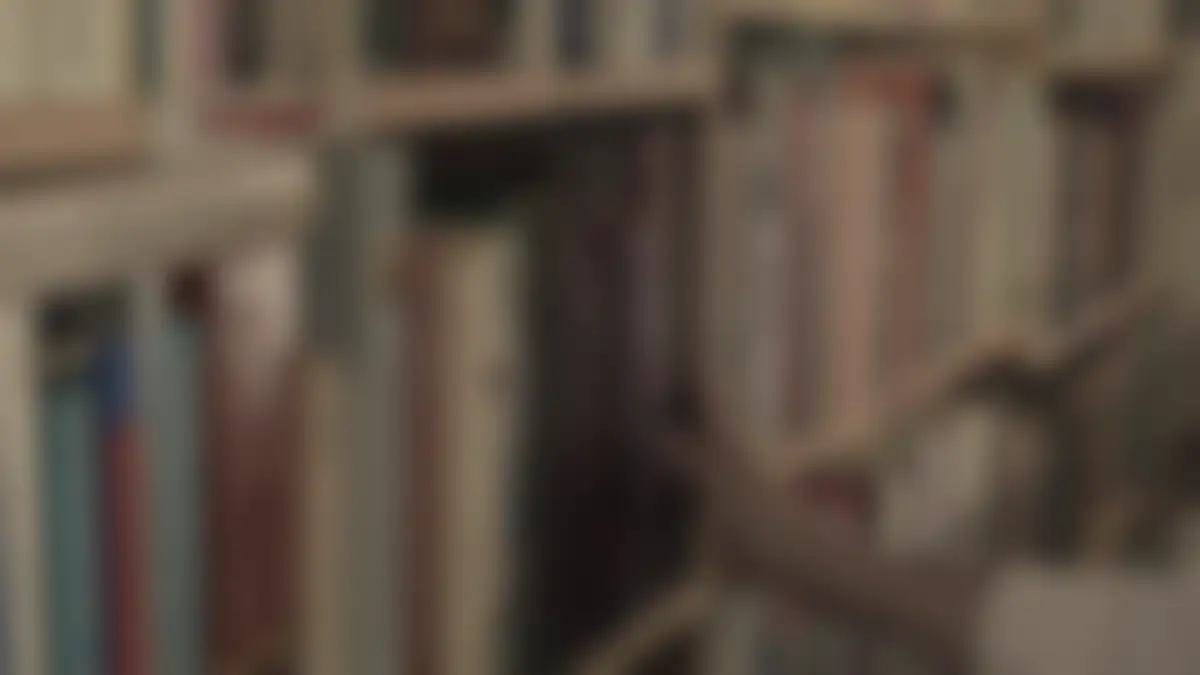 Bookshelves in a library, softly blurred