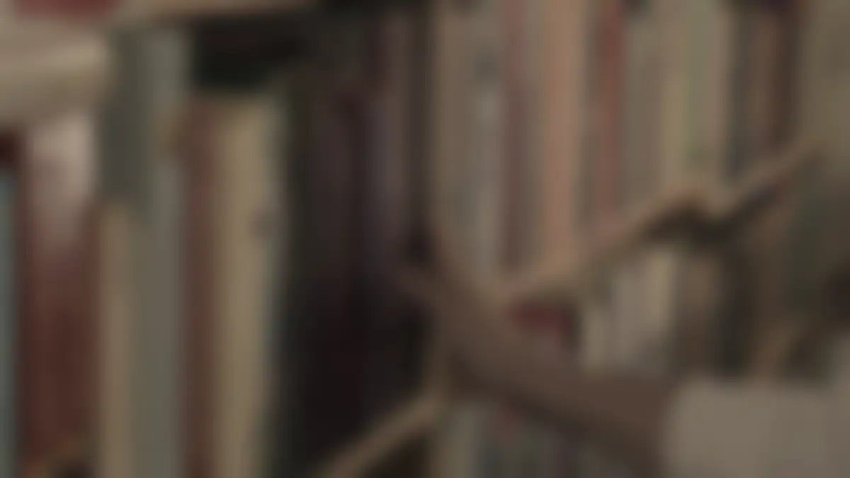 Bookshelves in a library, softly blurred