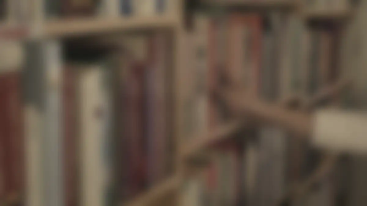 Bookshelves in a library, softly blurred