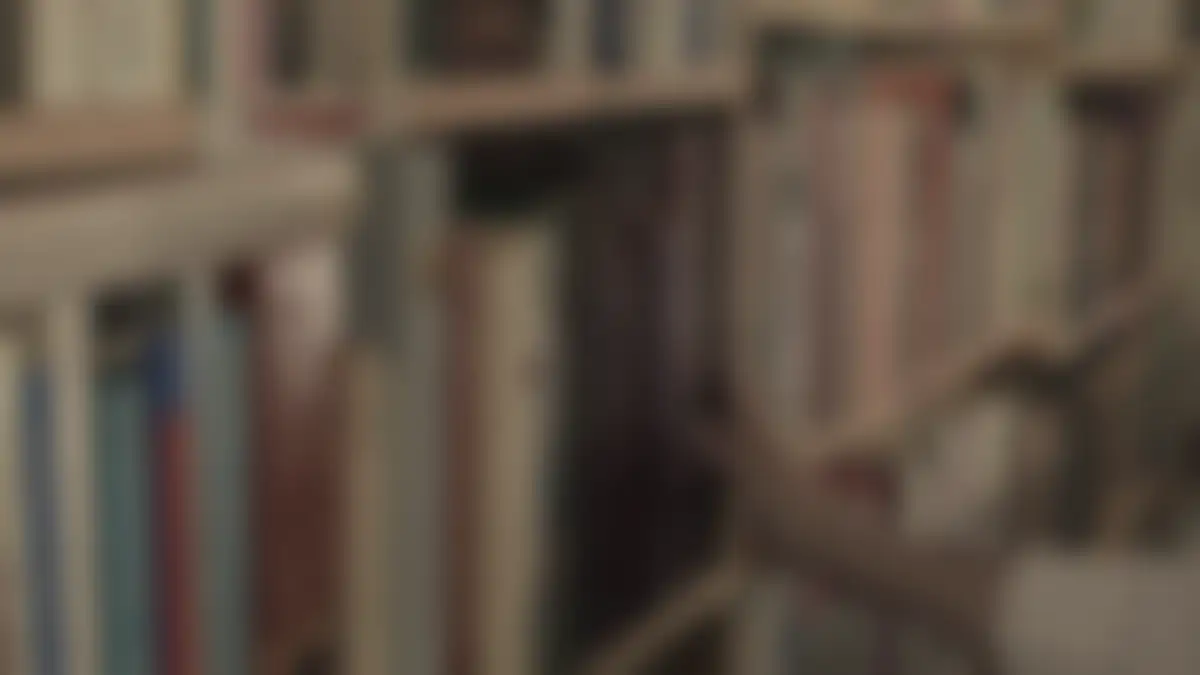 Bookshelves in a library, softly blurred
