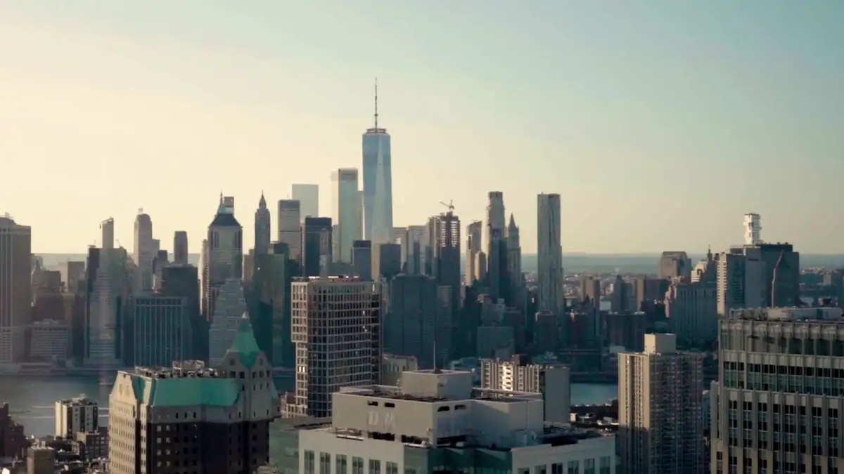 A city skyline at dusk