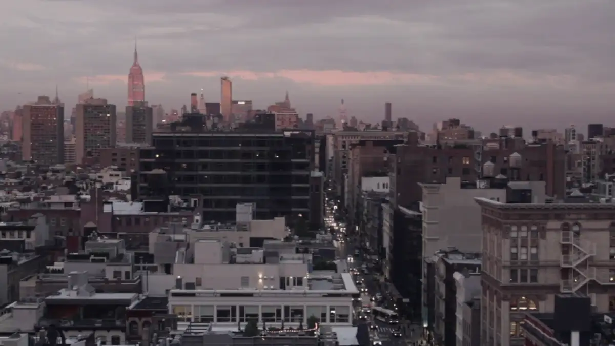 City rooftops under a pink sunset sky