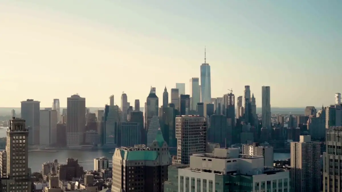 A city skyline at dusk