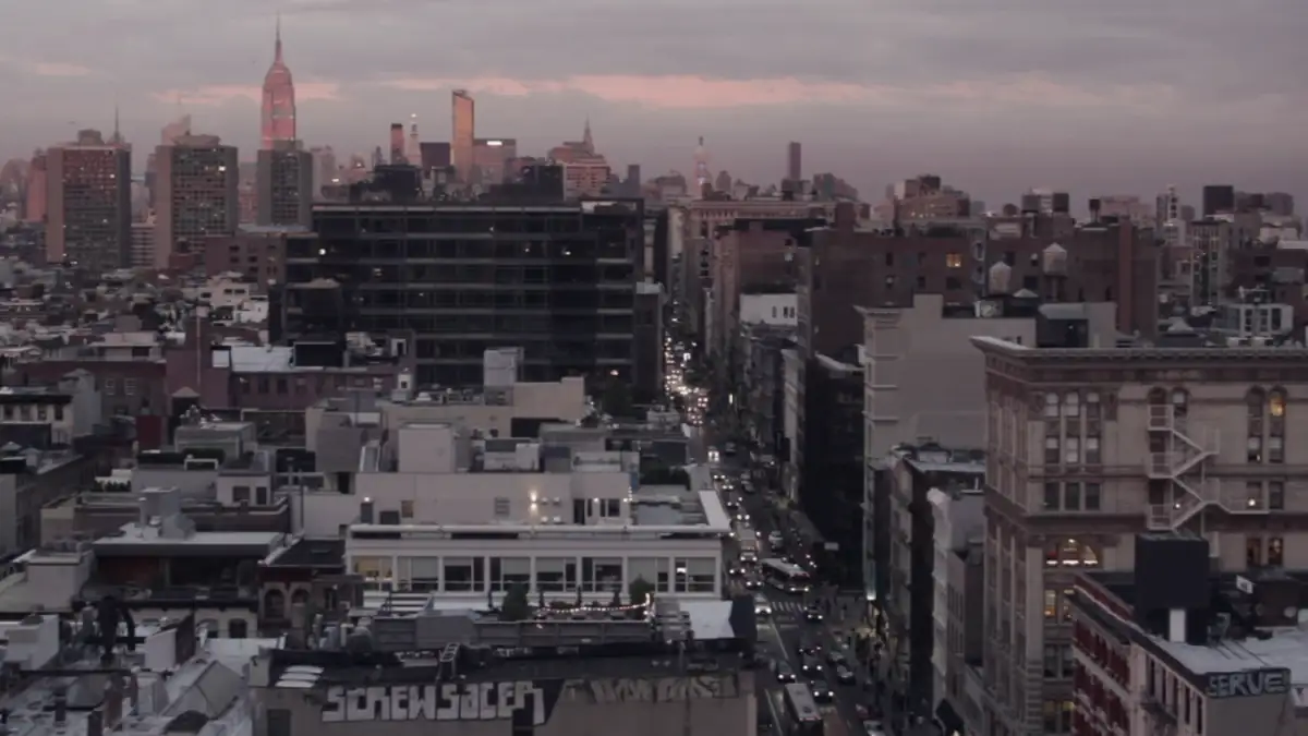 City rooftops under a pink sunset sky
