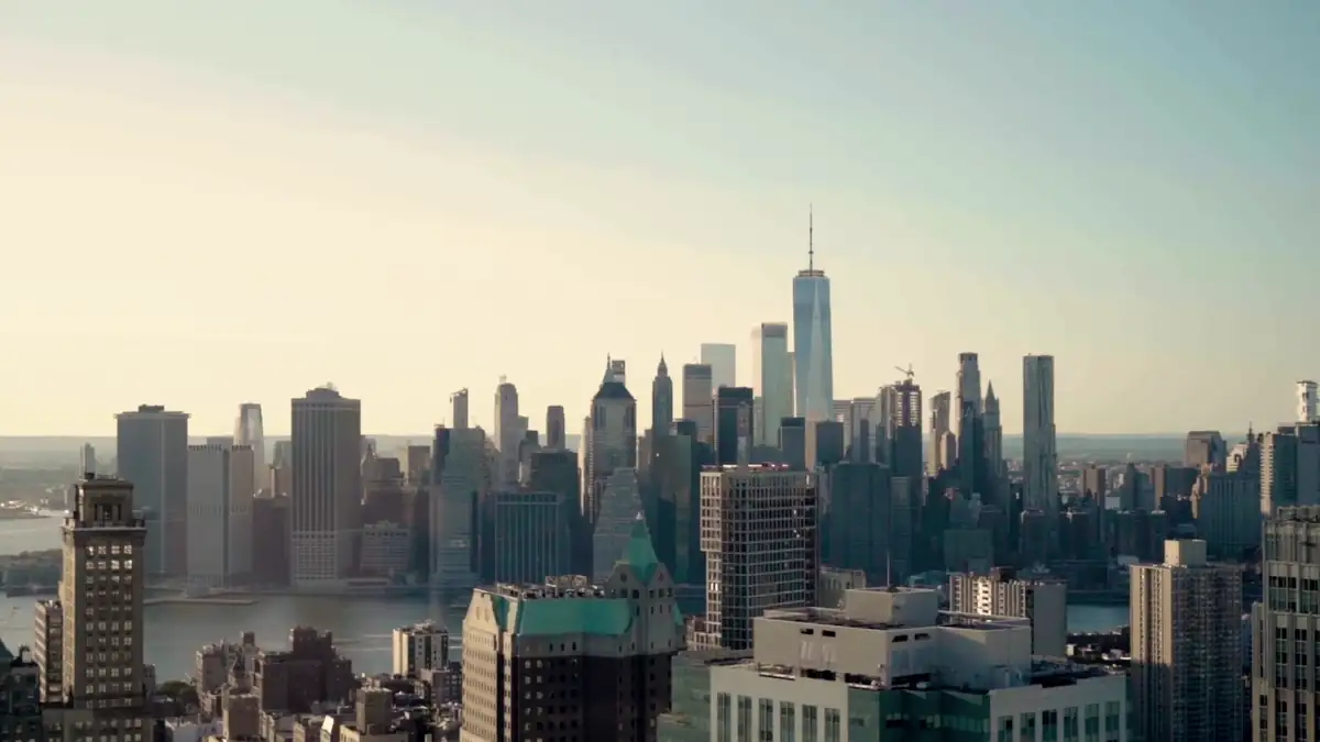 A city skyline at dusk